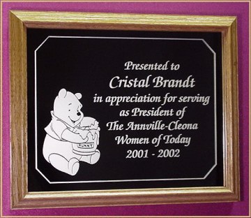 Presented to
Cristal Brandt
in appreciaton for serving as President of The Annville-Cleona Women of Today 2001 - 2002